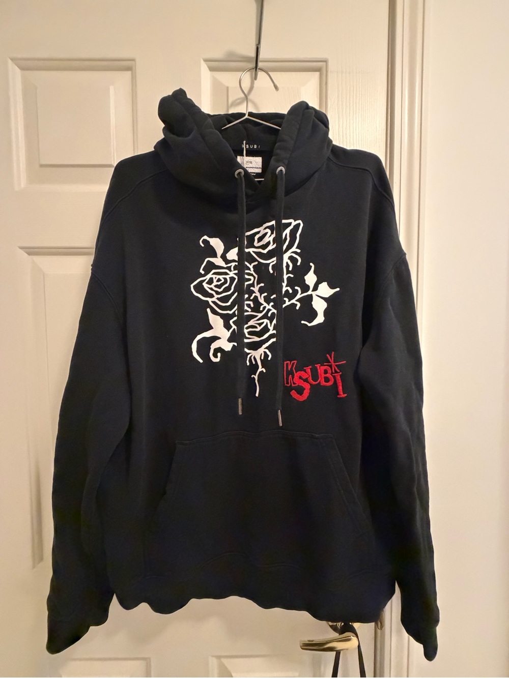 Ksubi Black Crewneck with White Rose Graphic and Red Logo Embroidery